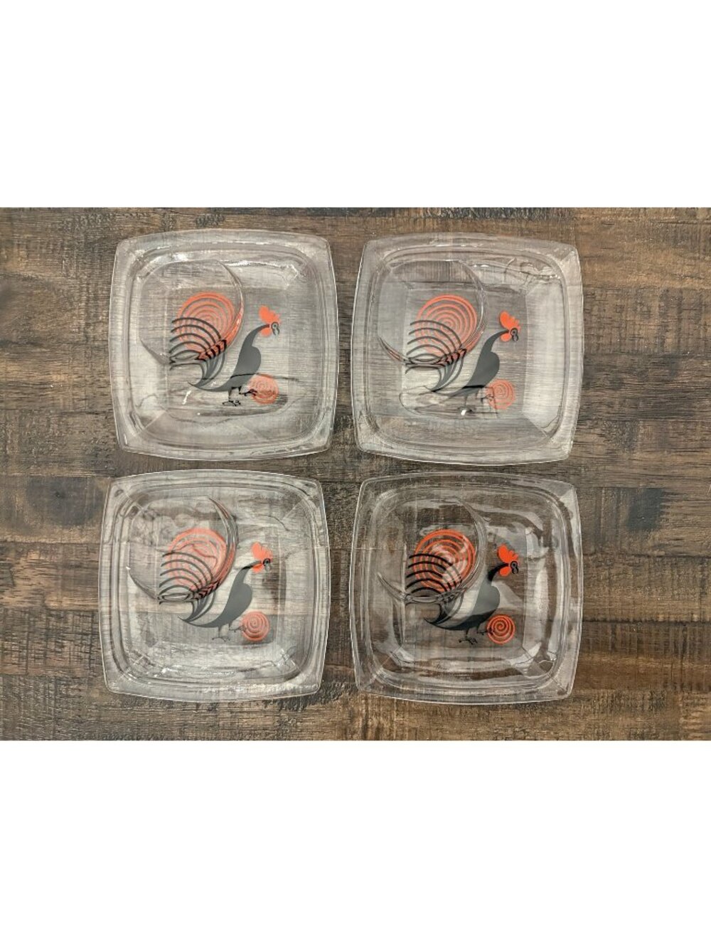 MCM Art Glass Luncheon Plates Rooster Set Of 4